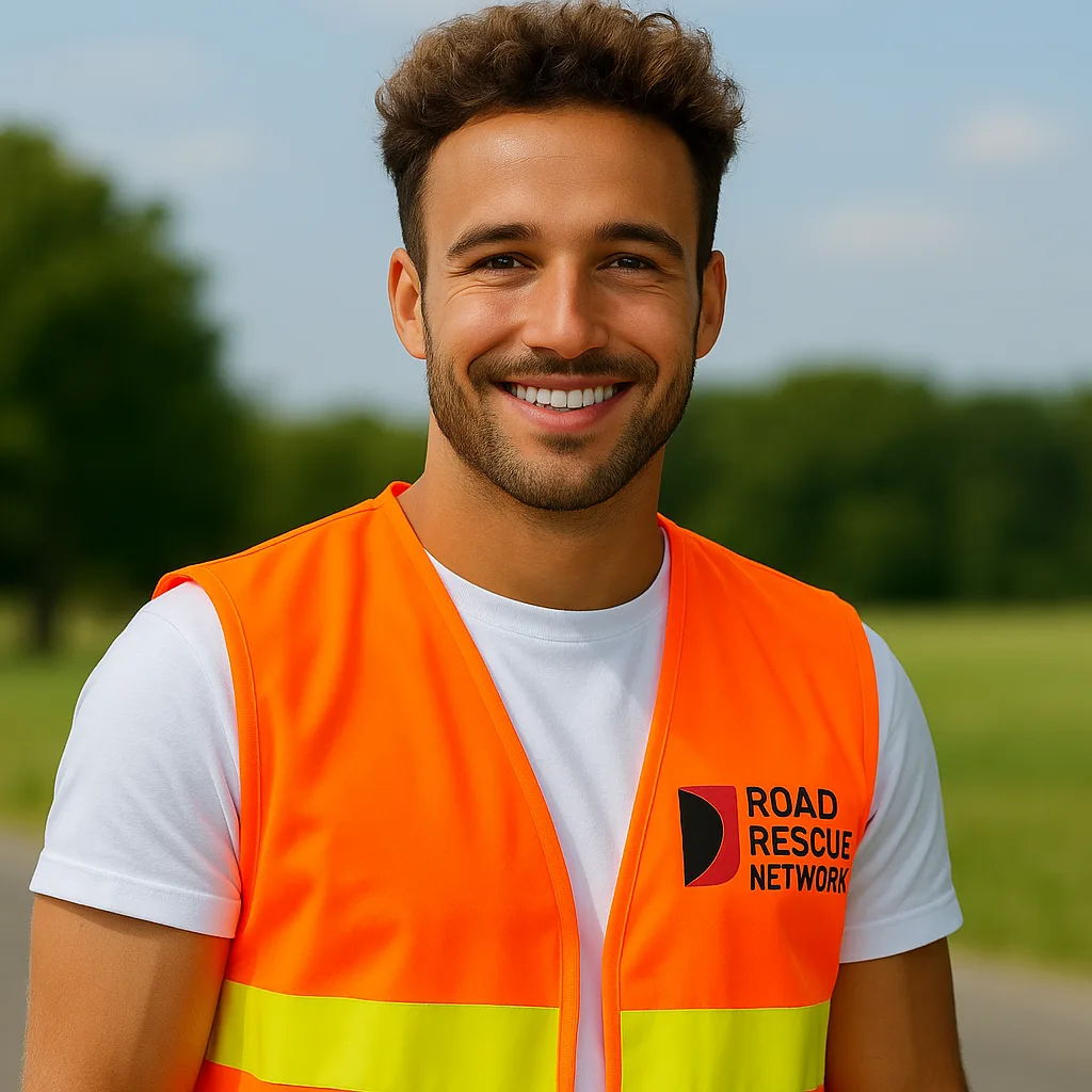 Road Rescue Network technician in branded hi-vis on a roadside verge.