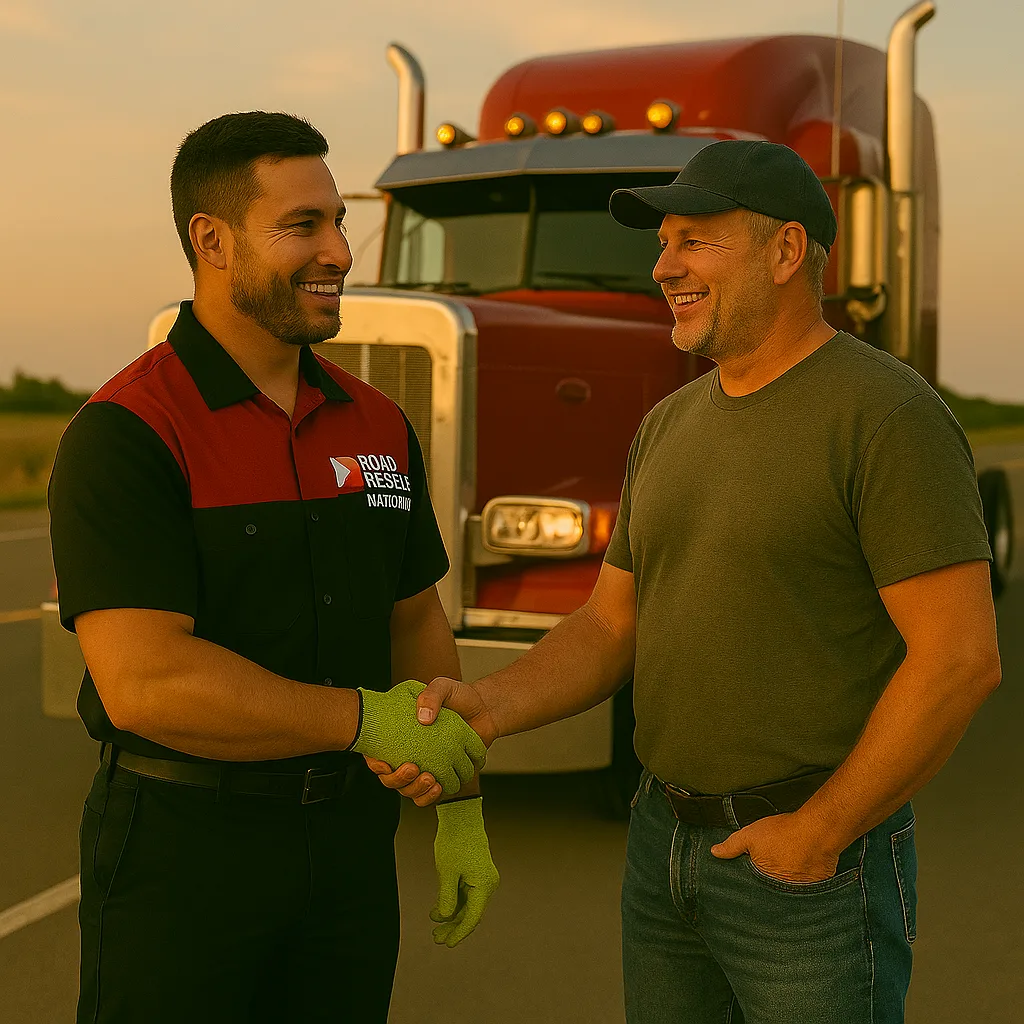Road Rescue Network technician shaking hands with a driver after a completed job.
