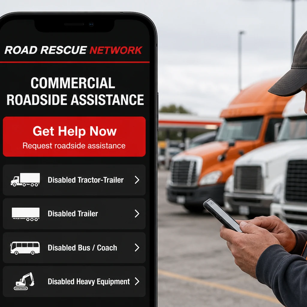 A truck driver opening a commercial roadside assistance request in the Road Rescue Network app.