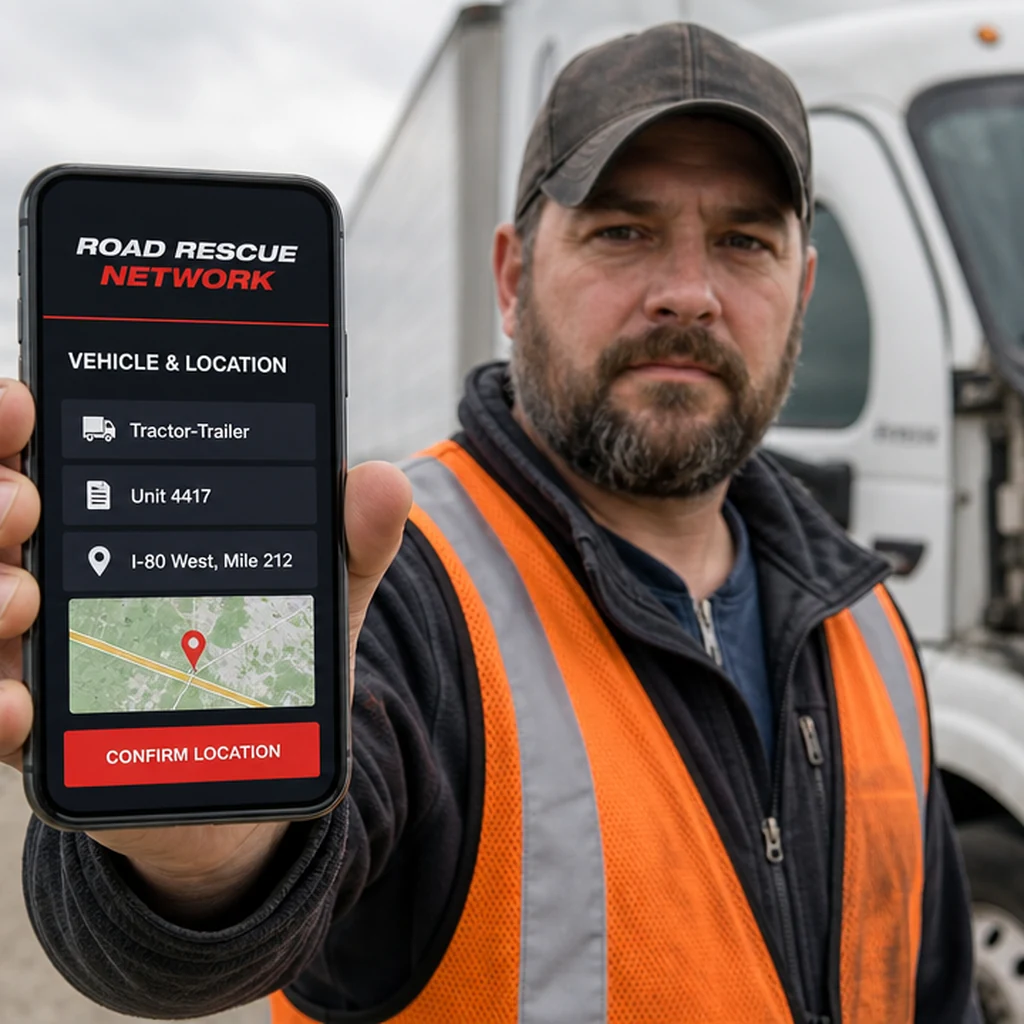 A driver in a safety vest confirming his tractor-trailer, unit number and mile marker on the request screen.