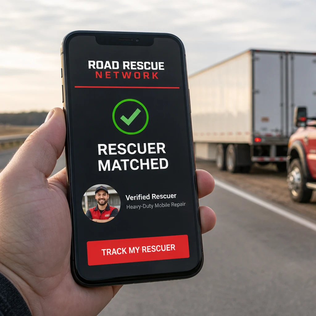 The app confirming a verified heavy-duty rescuer has taken the job as the service truck arrives.