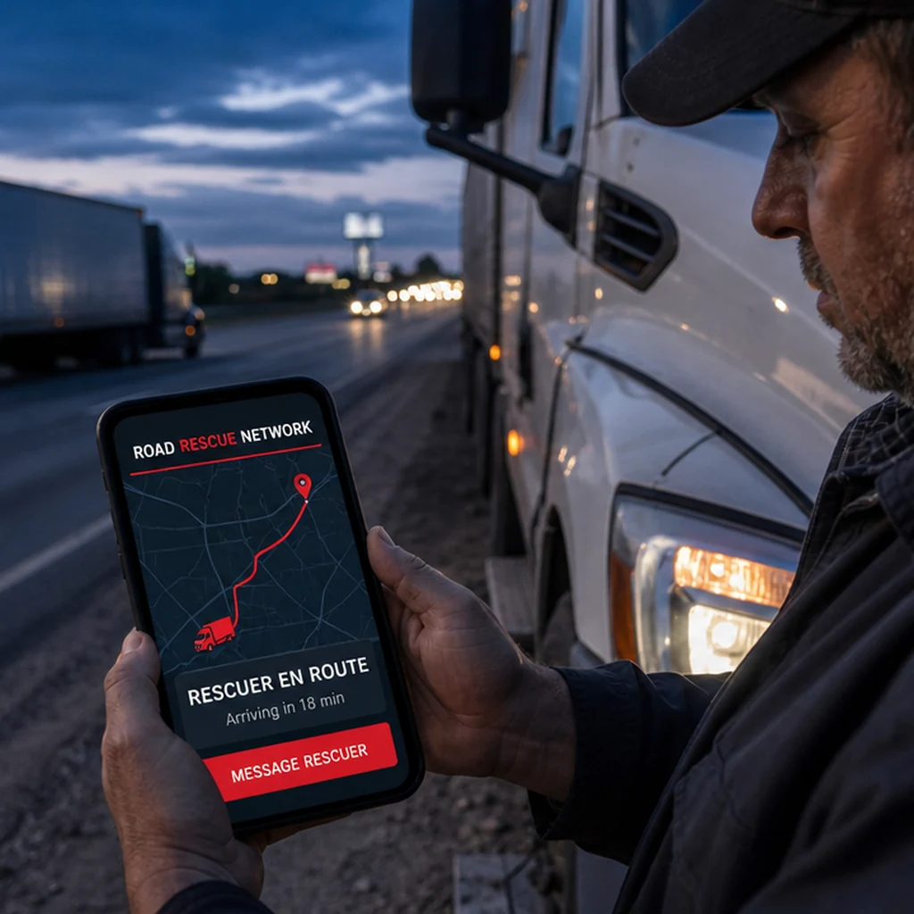 A driver watching his rescuer move toward him on the live tracking map at dusk.